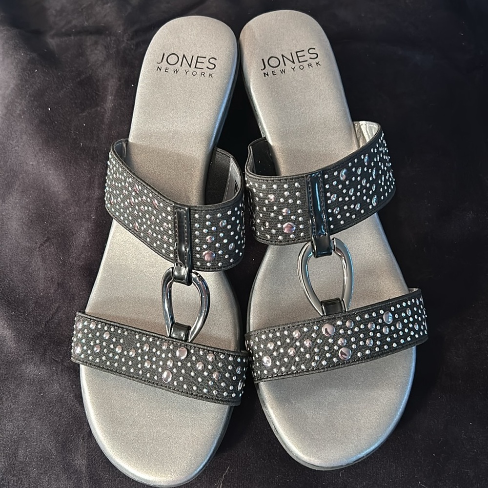 Jones New York Eanna Black Gunmetal Slides Sandals Women’s size 9.5 - Picture 2 of 5